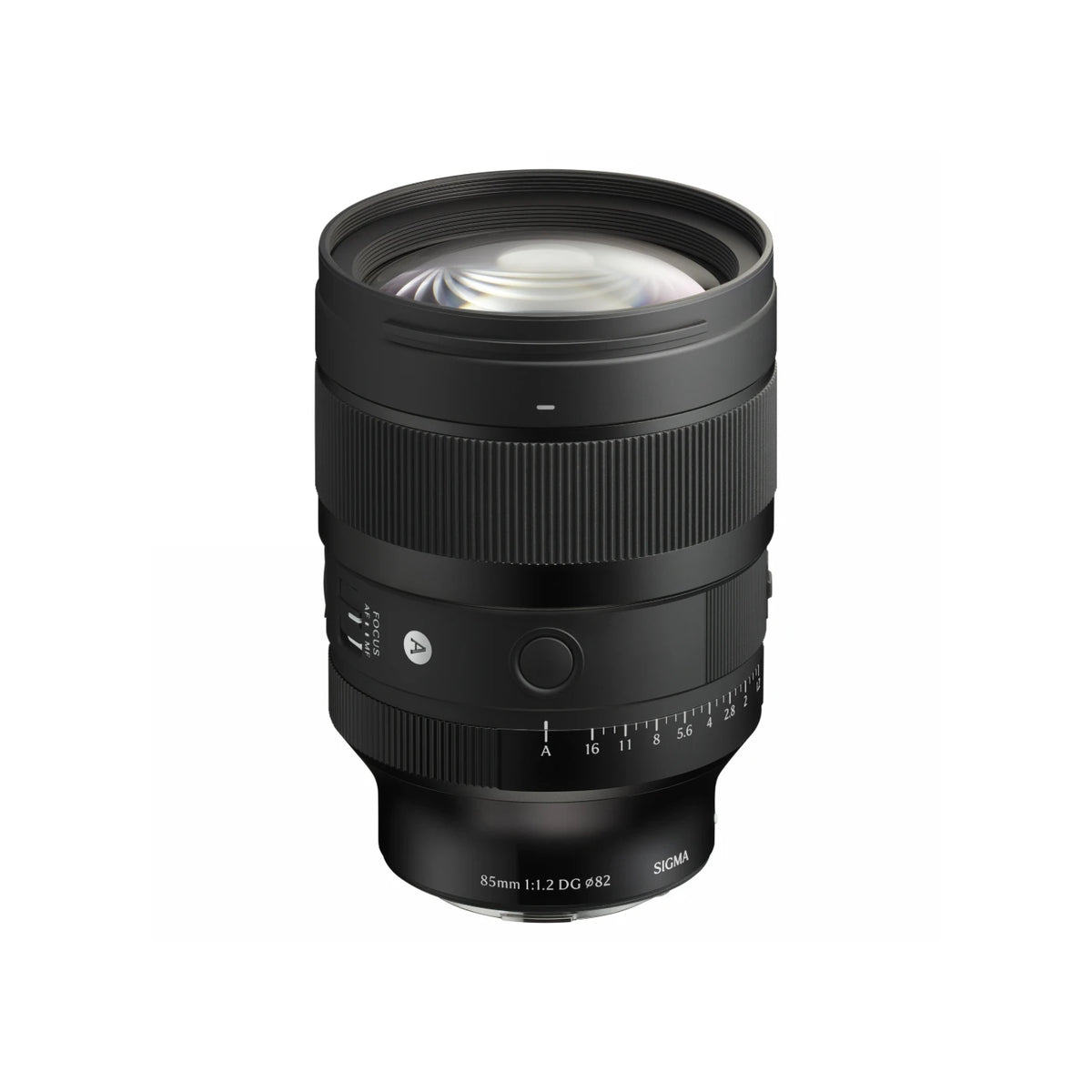A Sigma 85mm f/1.2 DG Art lens in matte black, shown from a three-quarters angle on a solid white background.