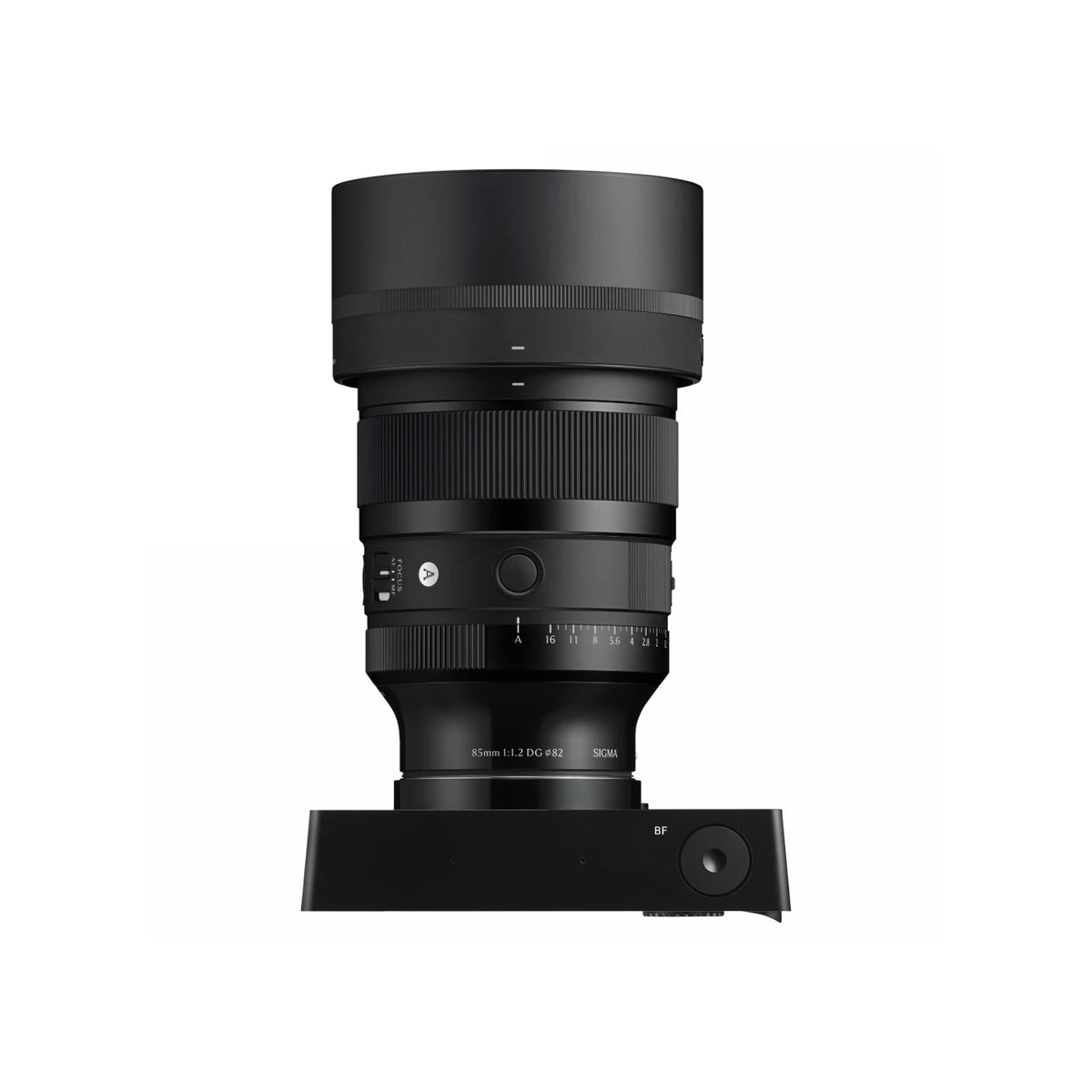 Sigma 85mm f/1.2 DH Art lens with a black protective hood and a black electronic mount base, shown on a solid white background.