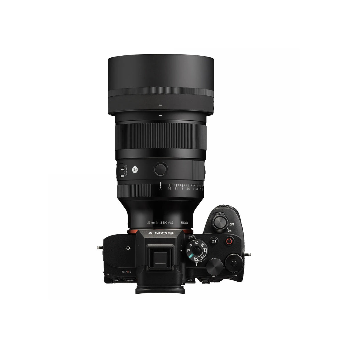 Sony mirrorless camera with a large telephoto lens and lens hood, shown from a top-down angle on a white background.