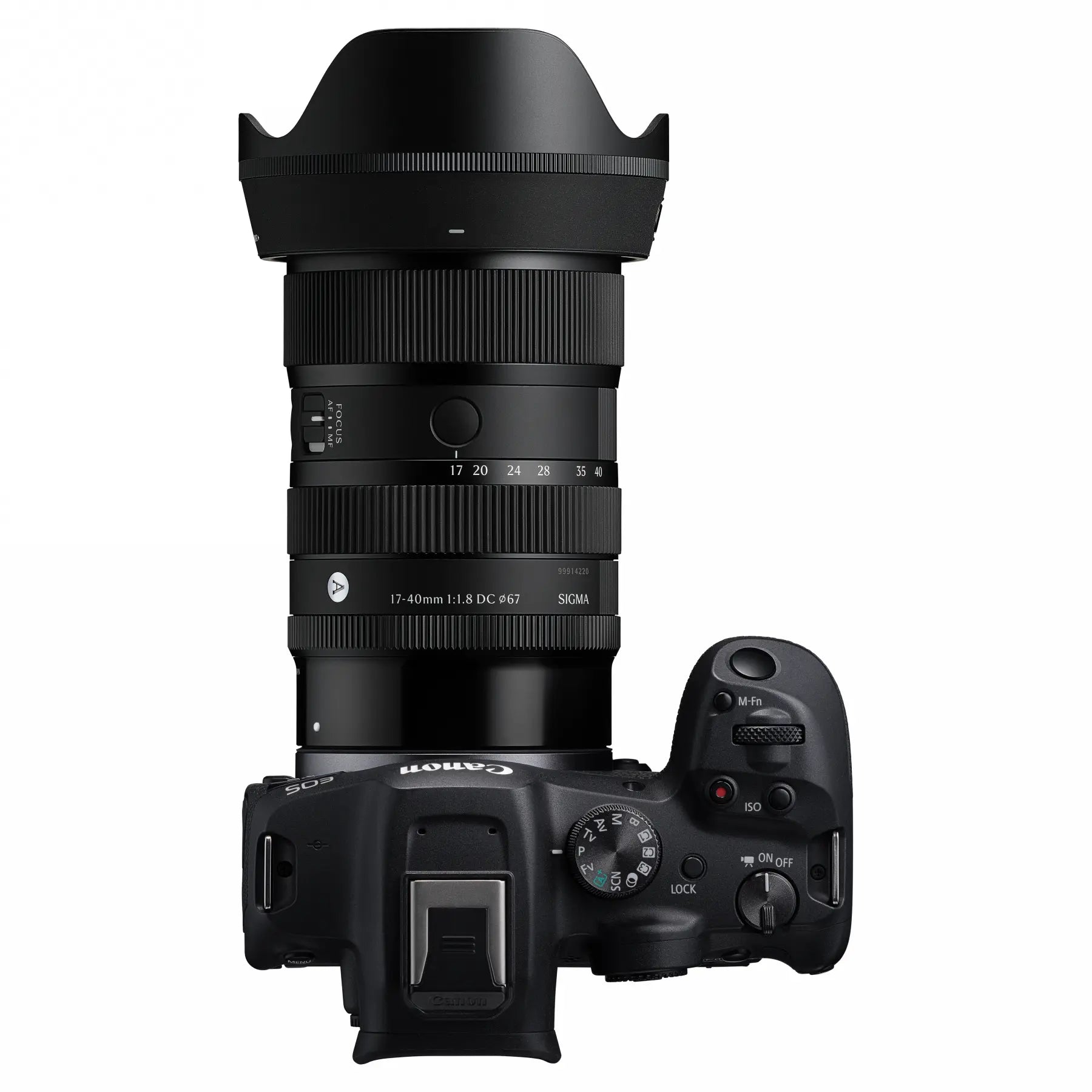 Sigma 17-40mm F1.8 DC | Art Lens – Canon RF Mount top angle on camera