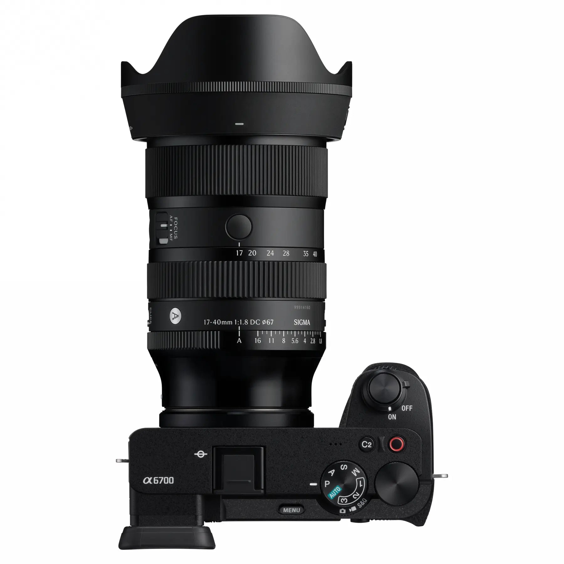 Sigma AF 17-40mm f1.8 DC | Art Lens - Sony E Mount top angle on camera