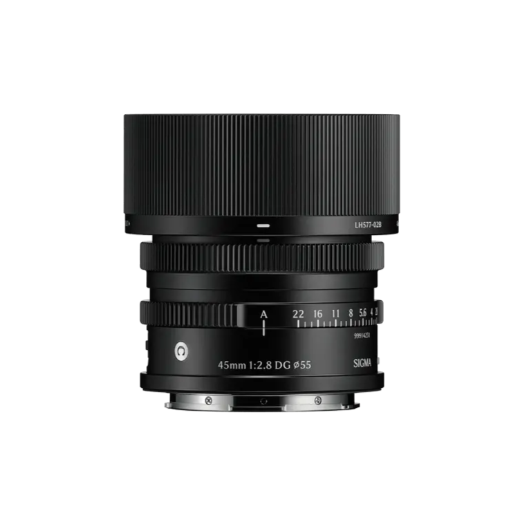 Sigma AF 45mm F/2.8 DG I Contemporary Lens - L Mount top with lens hood