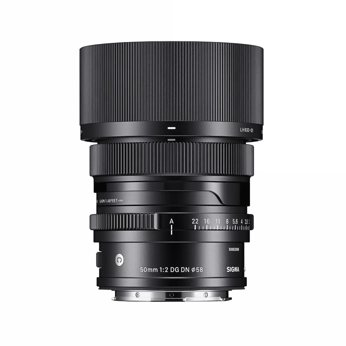 Sigma AF 50mm F/2 DG I Contemporary Lens - L Mount top with lens hood