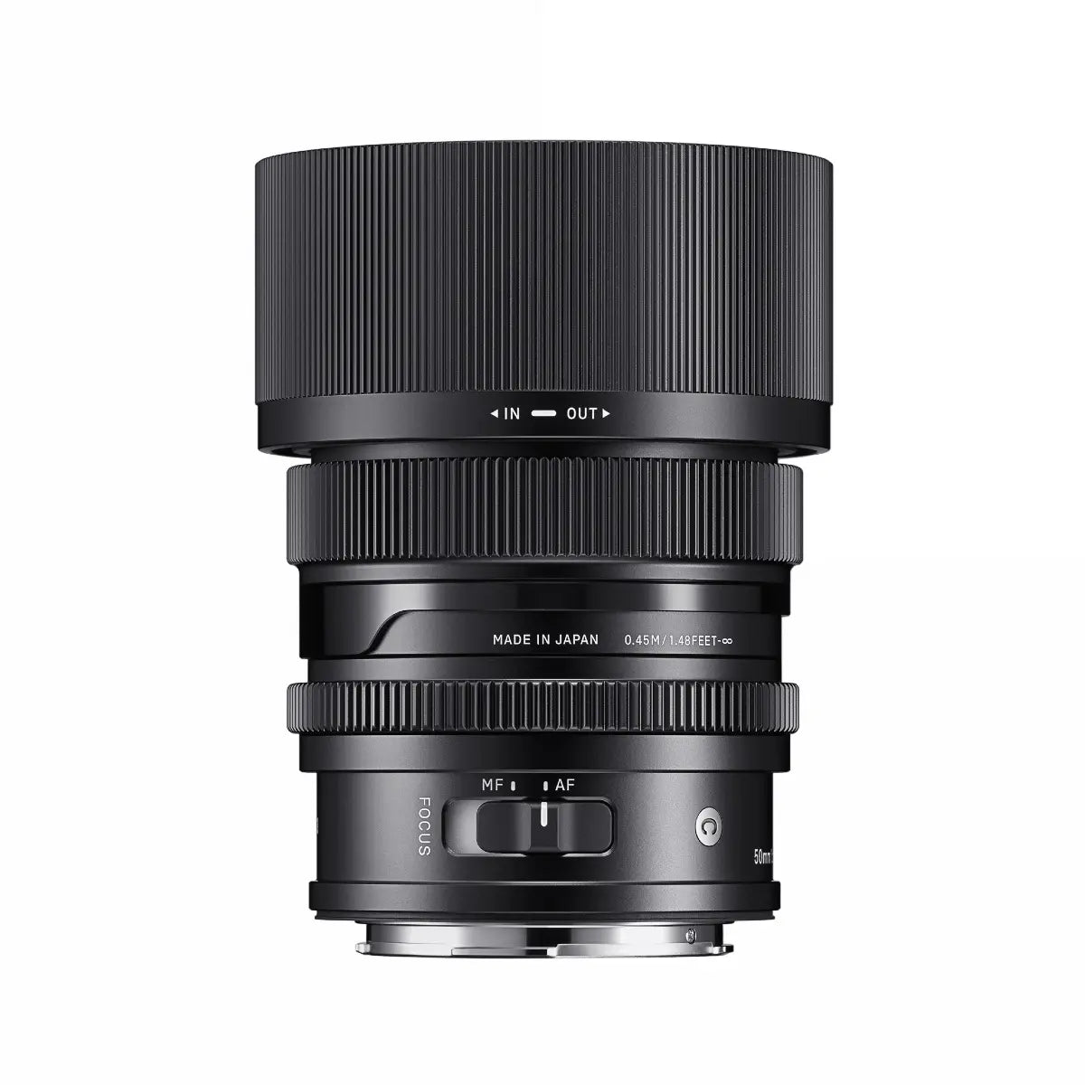 Sigma AF 50mm F/2 DG I Contemporary Lens - Sony E Fit side with lens hood