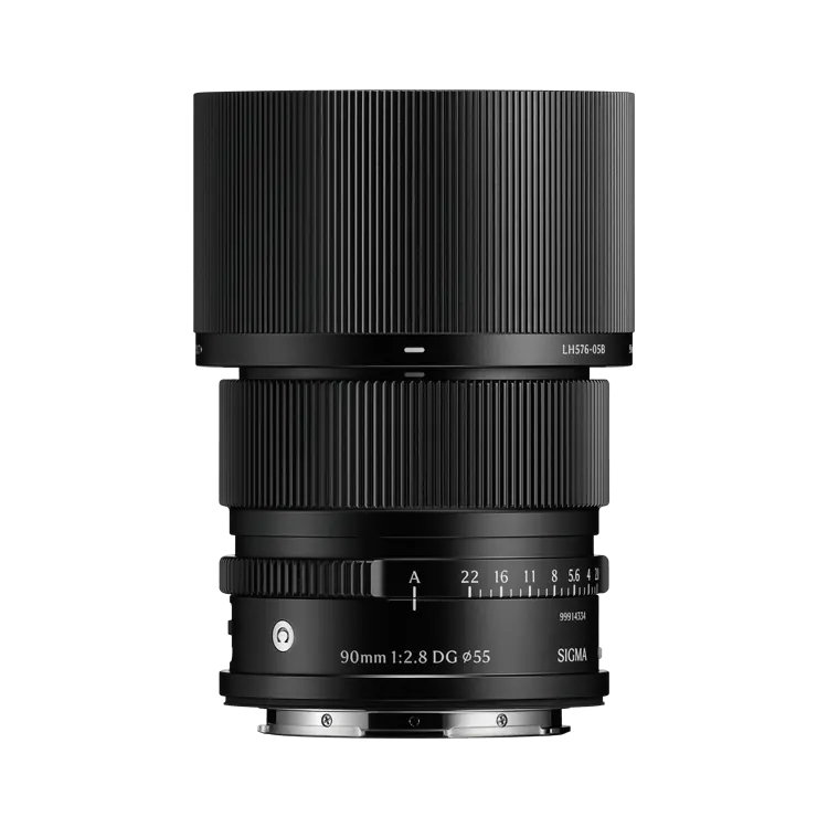 Sigma AF 90mm F/2.8 DG I Contemporary Lens - L Mount top with lens hood