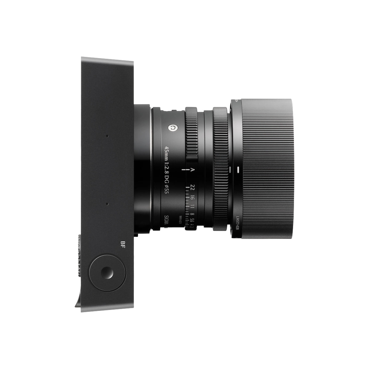 Sigma BF Camera Body Black L Mount top angle with lens on