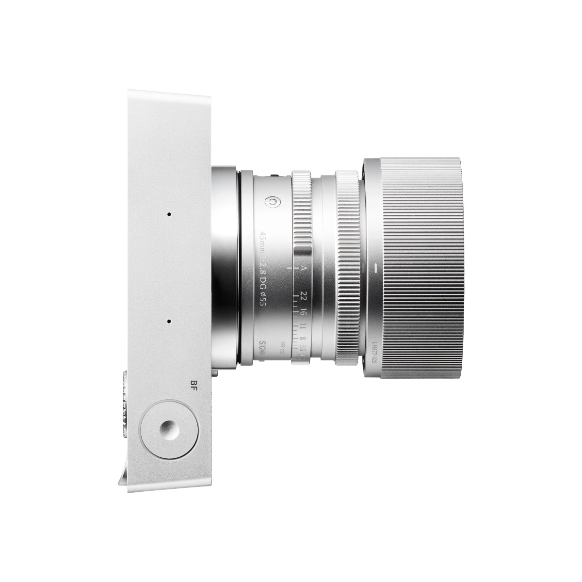 Sigma BF Camera Body Silver L Mount top angle with lens on