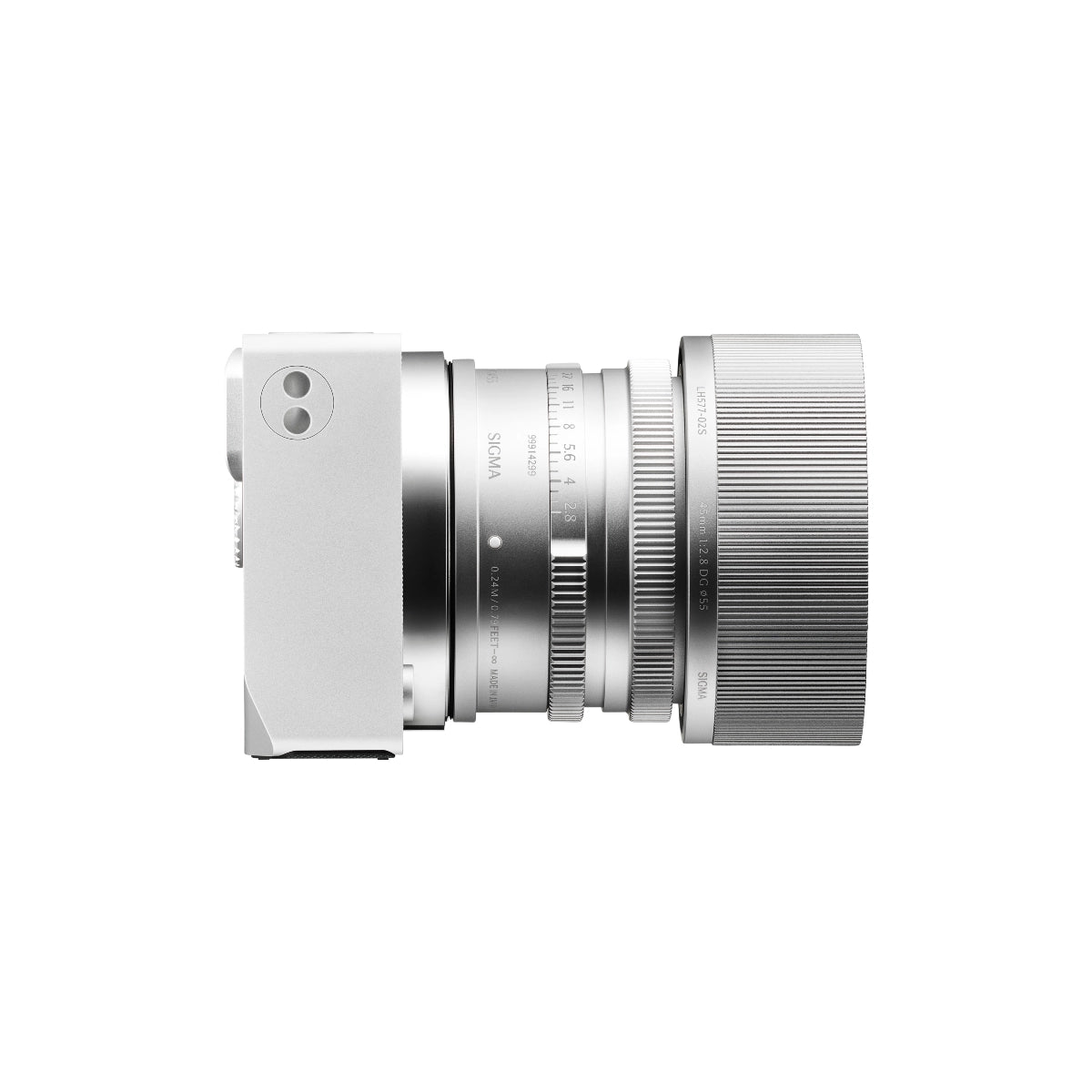 Sigma BF Camera Body Silver L Mount side angle with lens on