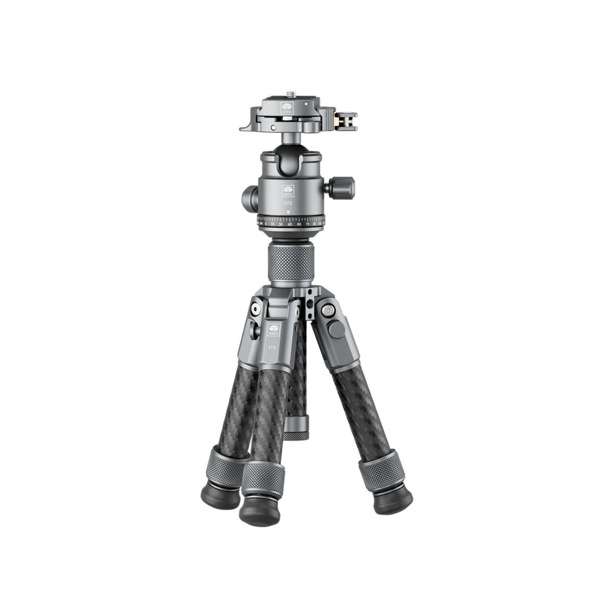 A carbon fiber tripod with a metallic gray head and legs, shown from a front-facing perspective on a solid white background.