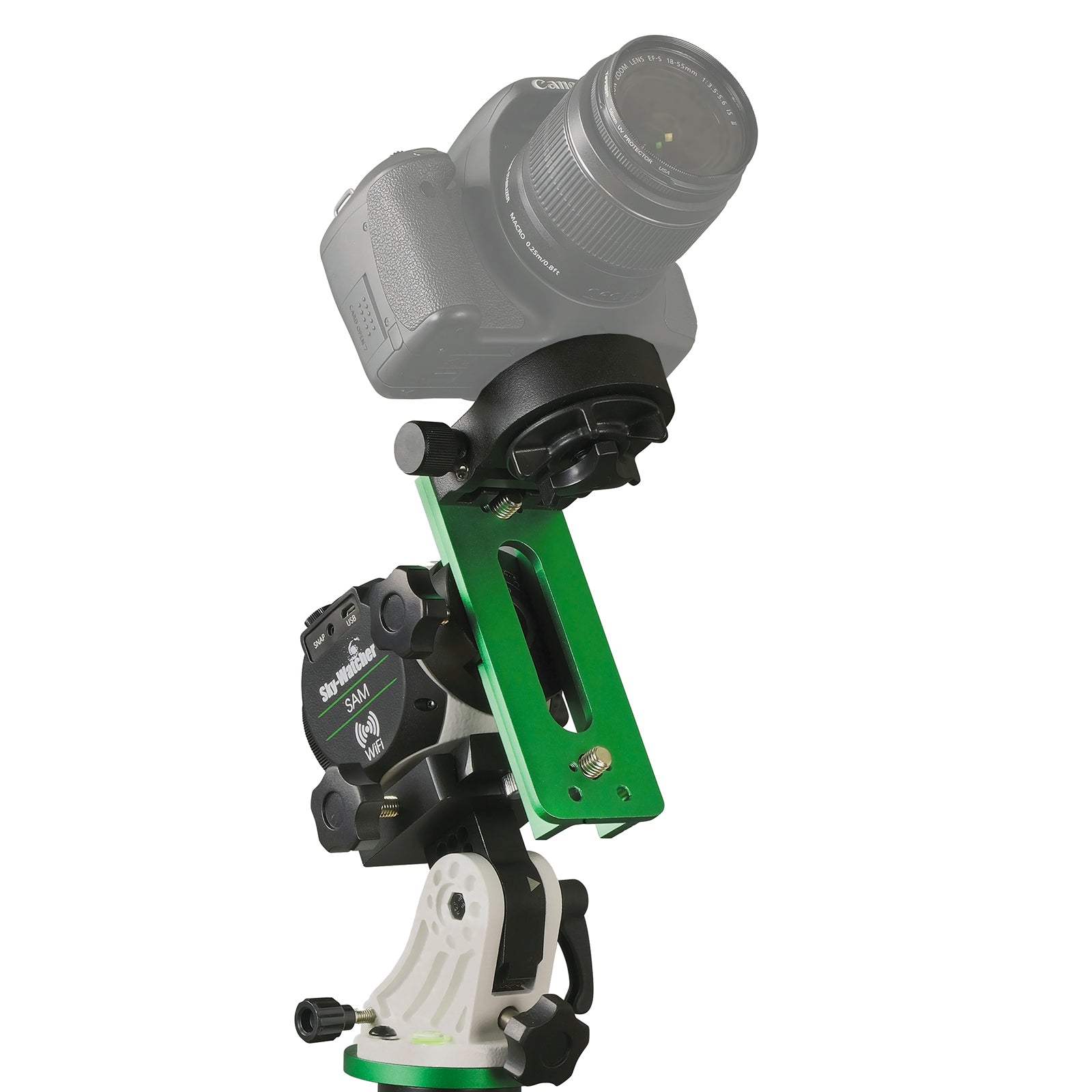 Camera mounted on a green and black camera tripod with a white background