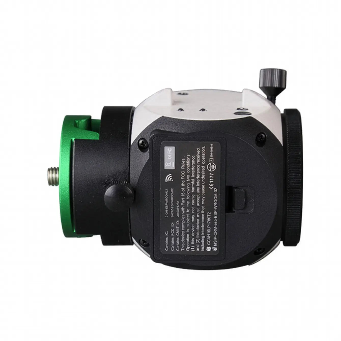 Mechanical device with green and black components on a white background