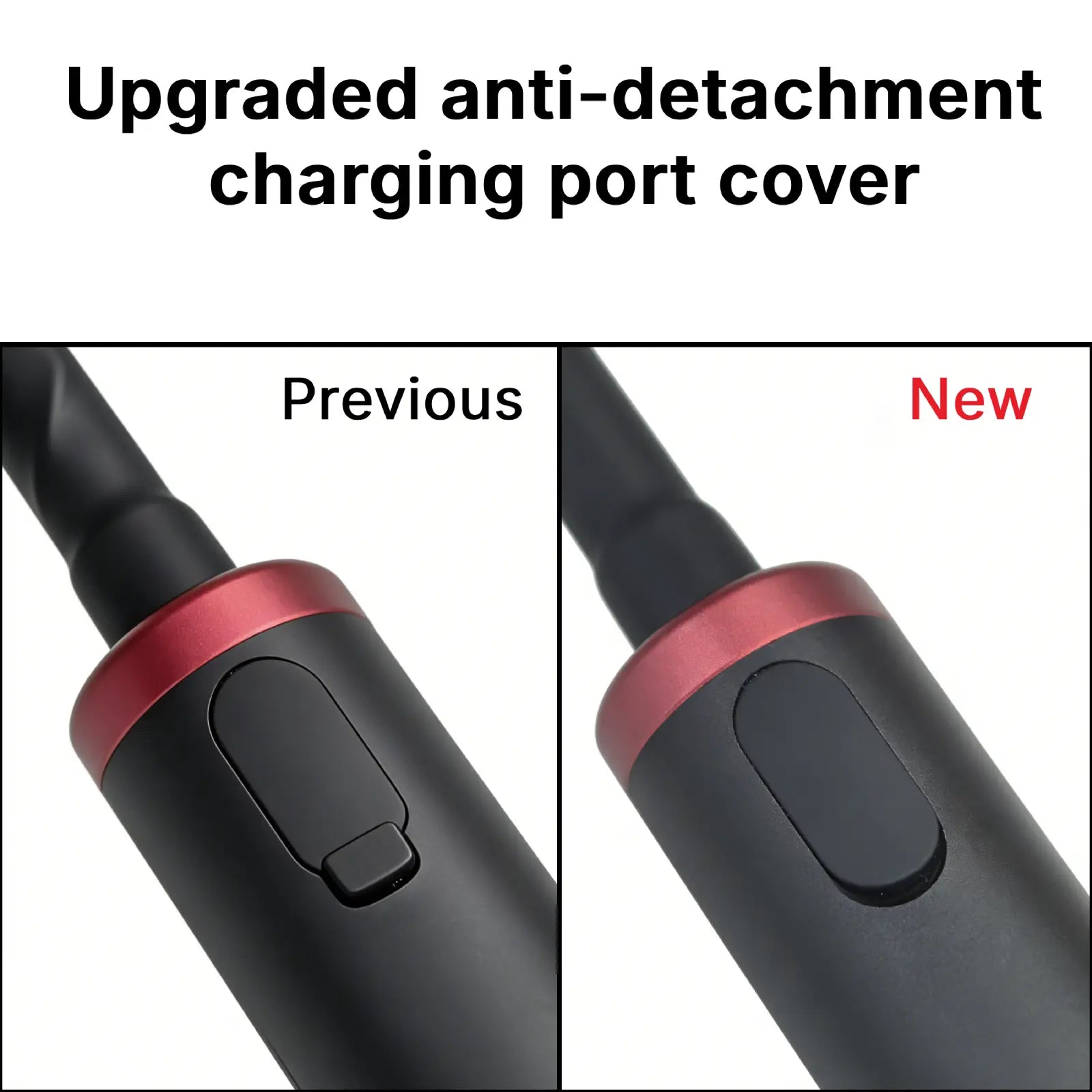 Comparison of an upgraded anti-detachment charging port cover on a device.
