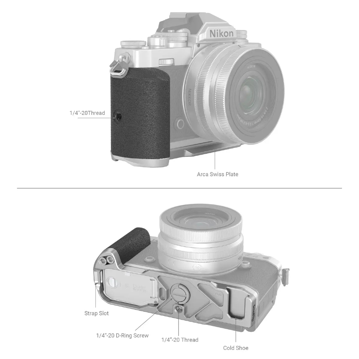 Nikon camera with labeled parts on a white background