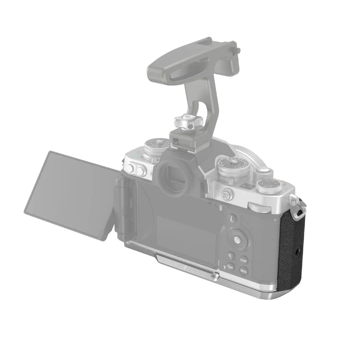 Camera with a lens hood and side view on a white background