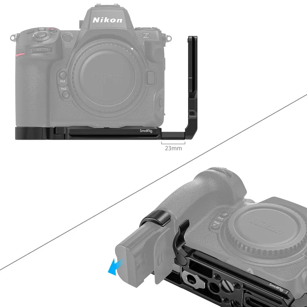 Nikon camera with a lens hood attachment on a white background