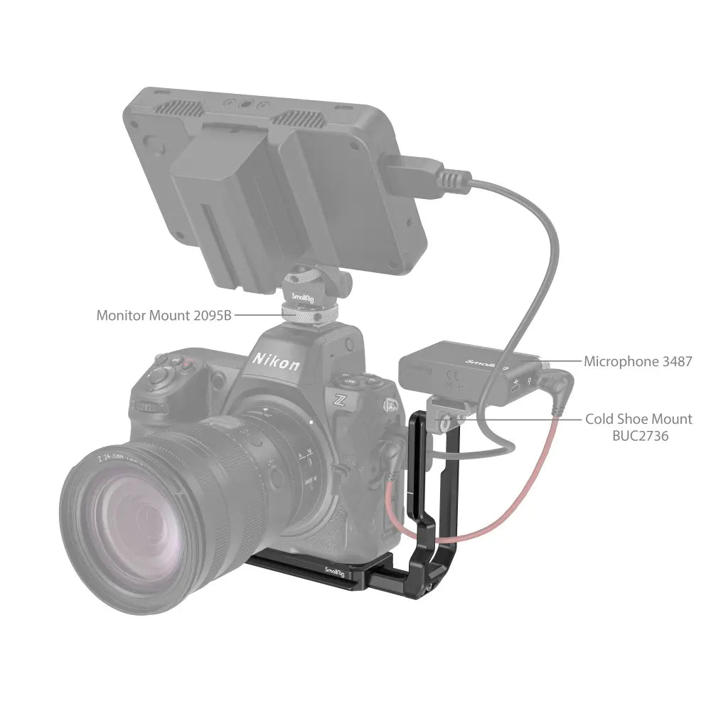 Camera with various accessories labeled on a white background