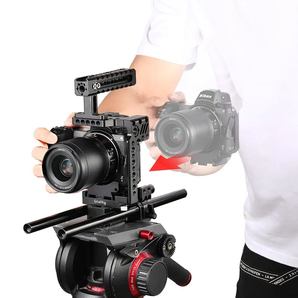 Camera with a rig held by a person, with a focus on the rig's design.