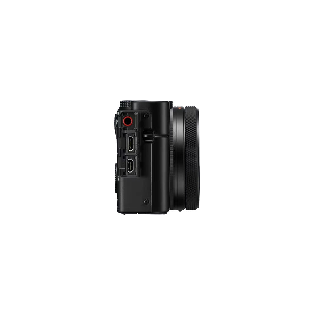 A black Sony RX100 VII compact mirrorless camera, shown from a side profile view against a white background.
