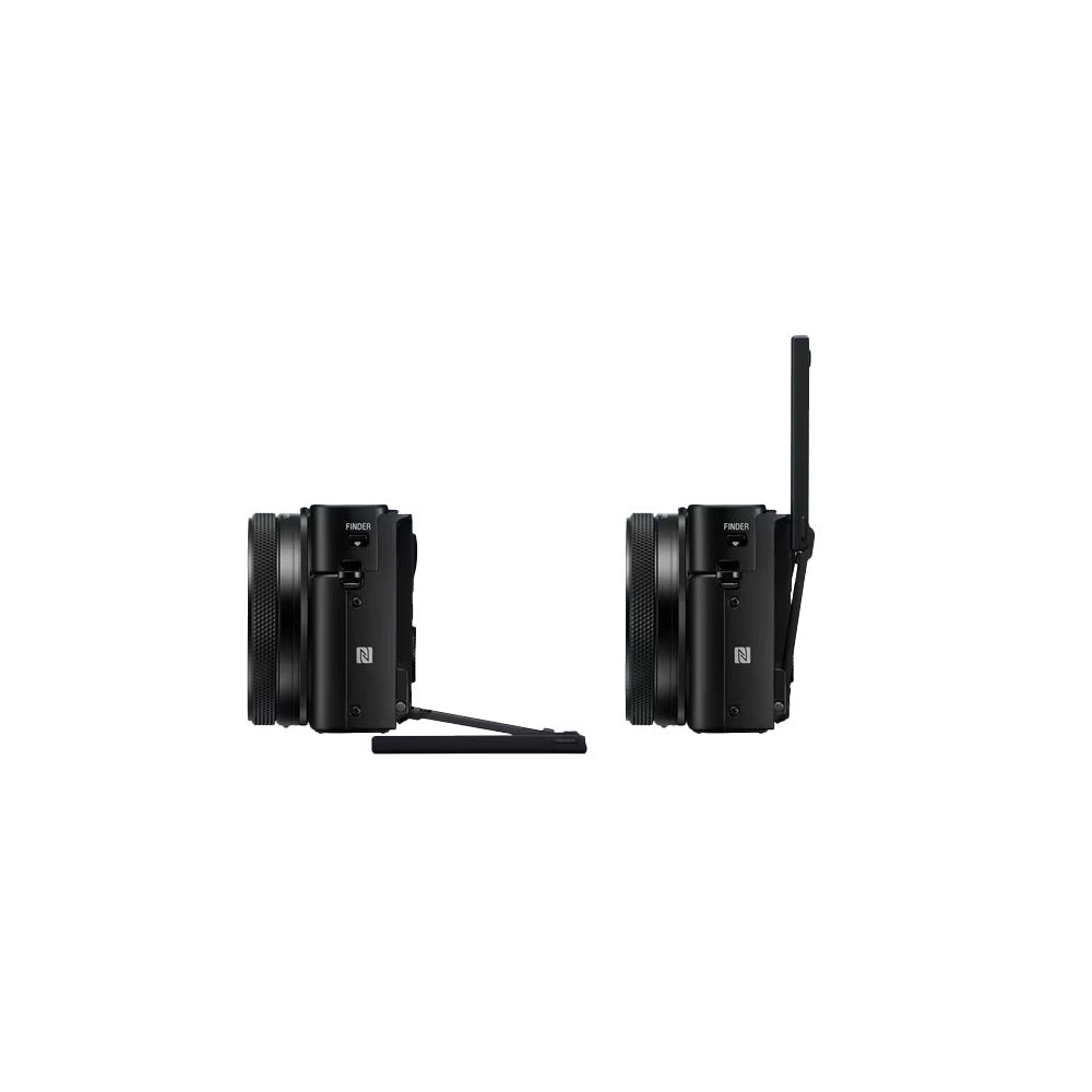 2 black Sony RX100 VII compact mirrorless camera, shown from a side profile view with screens extended in different positions against a white background.