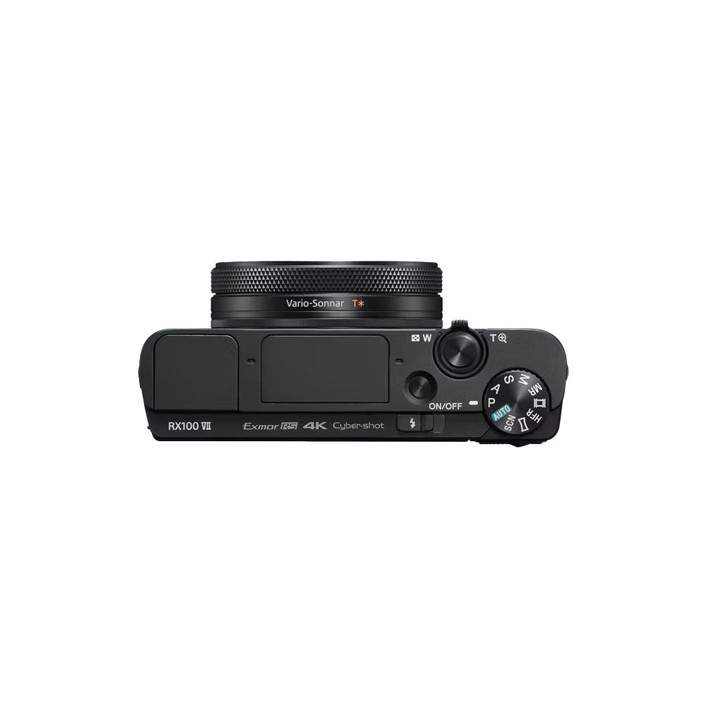 A black Sony RX100 VII compact mirrorless camera, shown from a top profile view against a white background.