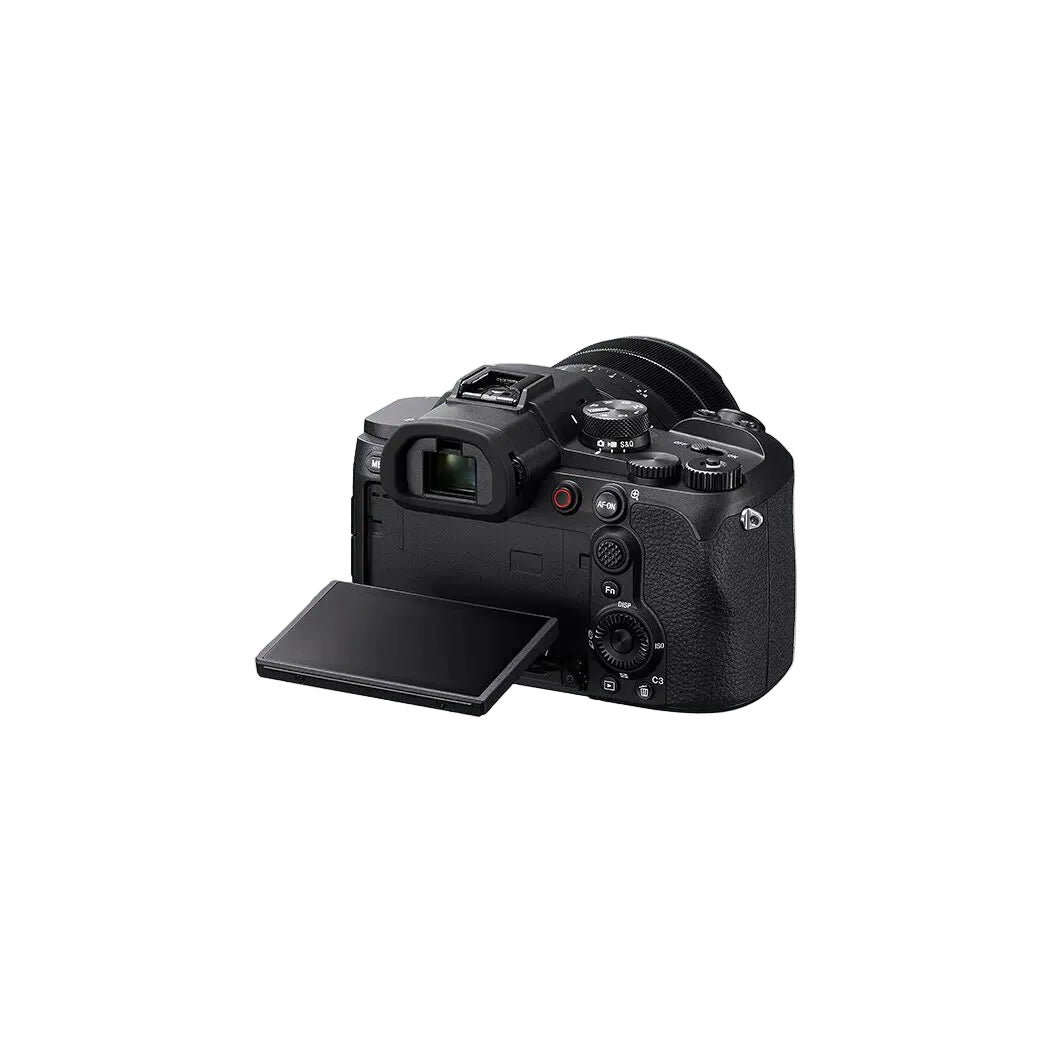 A black Sony mirrorless camera with an attached lens and the flip-out screen extended downwards, shown from a three-quarters angle against a light gray background.