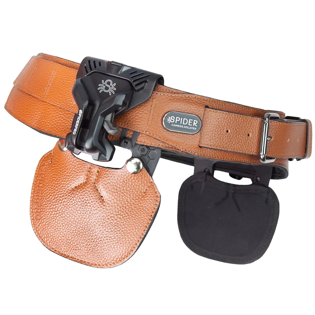 Brown leather climbing harness with black metal components on a white background