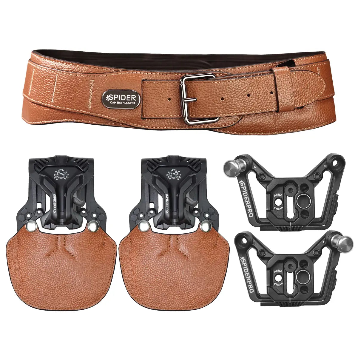 Brown belt with black hardware and leather components on a white background