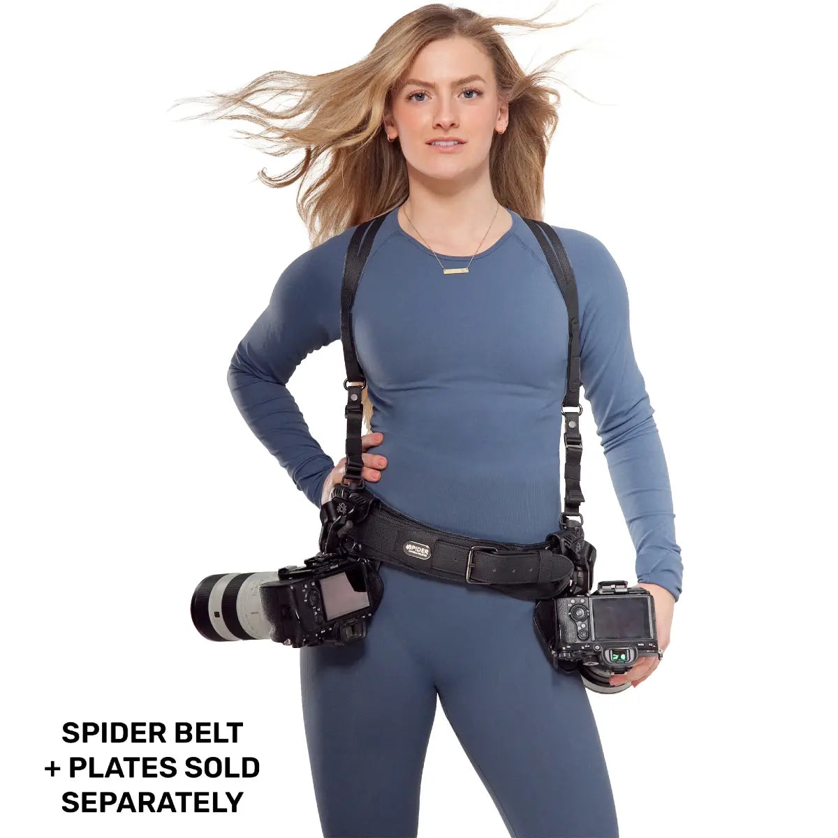 Person wearing a camera harness with two cameras, on a white background