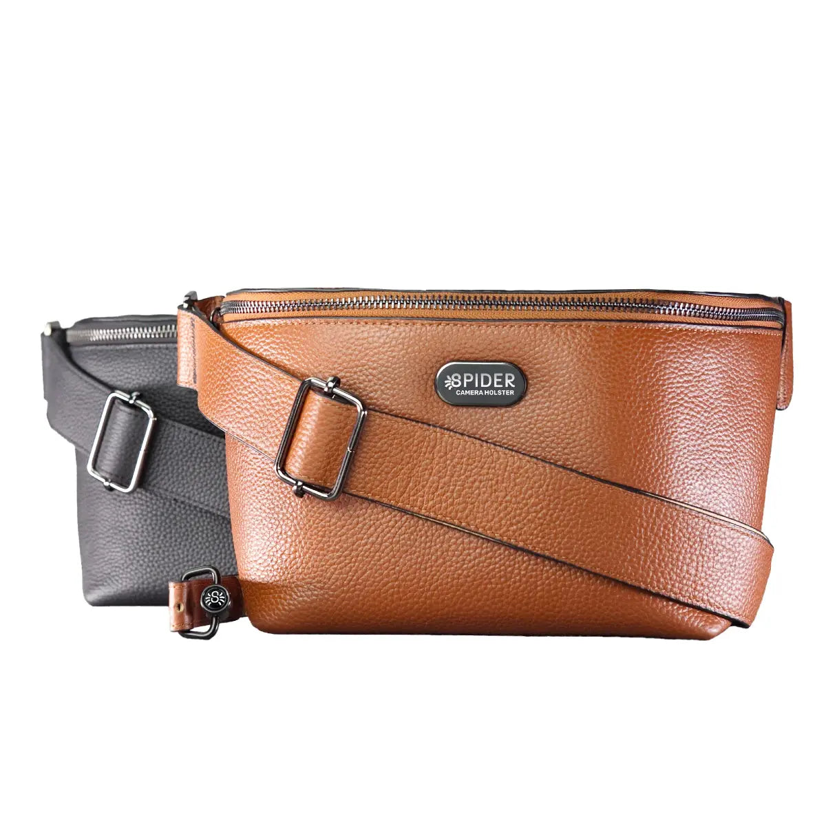 Brown and gray leather bags with a visible brand logo on a white background