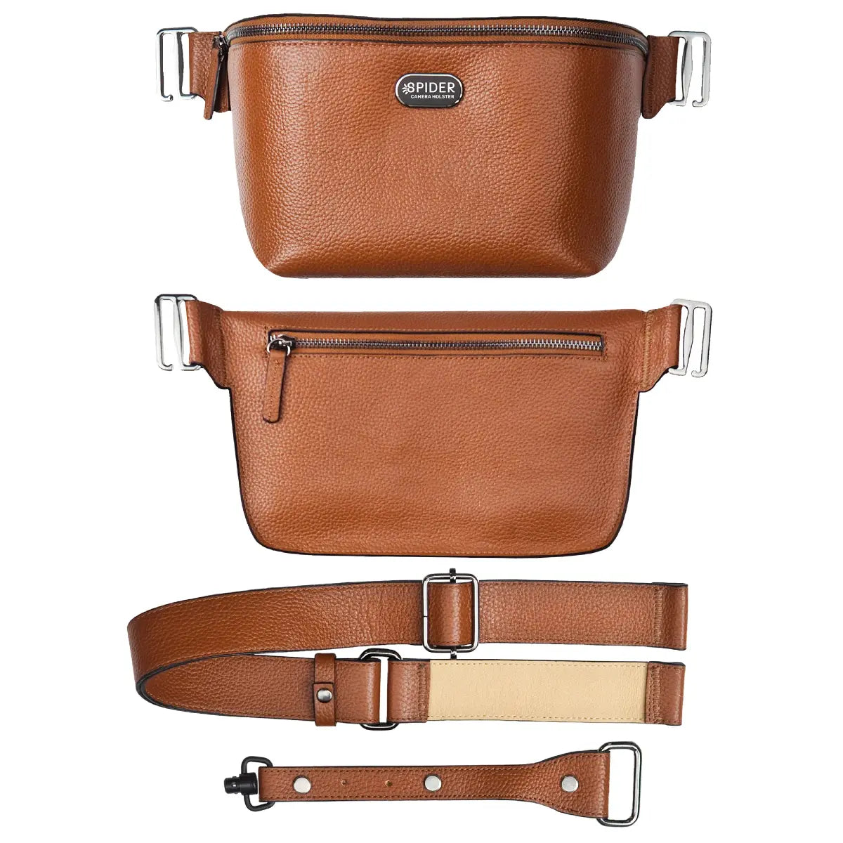 Brown leather waist bag with detachable strap on a white background