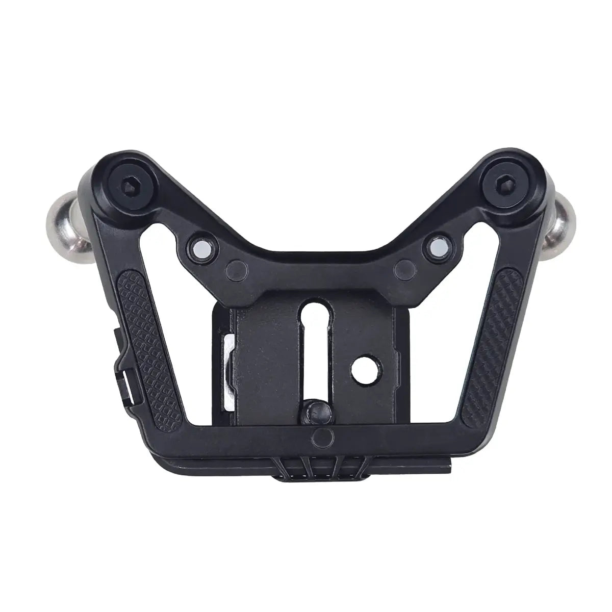 Black metal bracket with silver screws on a white background