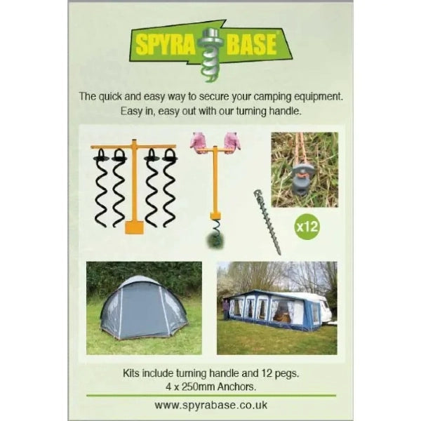 Advertisement for Spyra Base camping equipment with text and images of the product and tents.