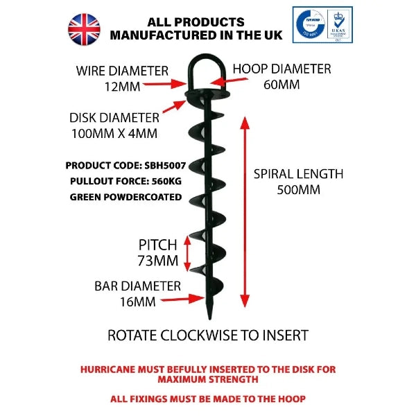 Technical diagram of a green powdercoated spiral auger with specifications on a white background.