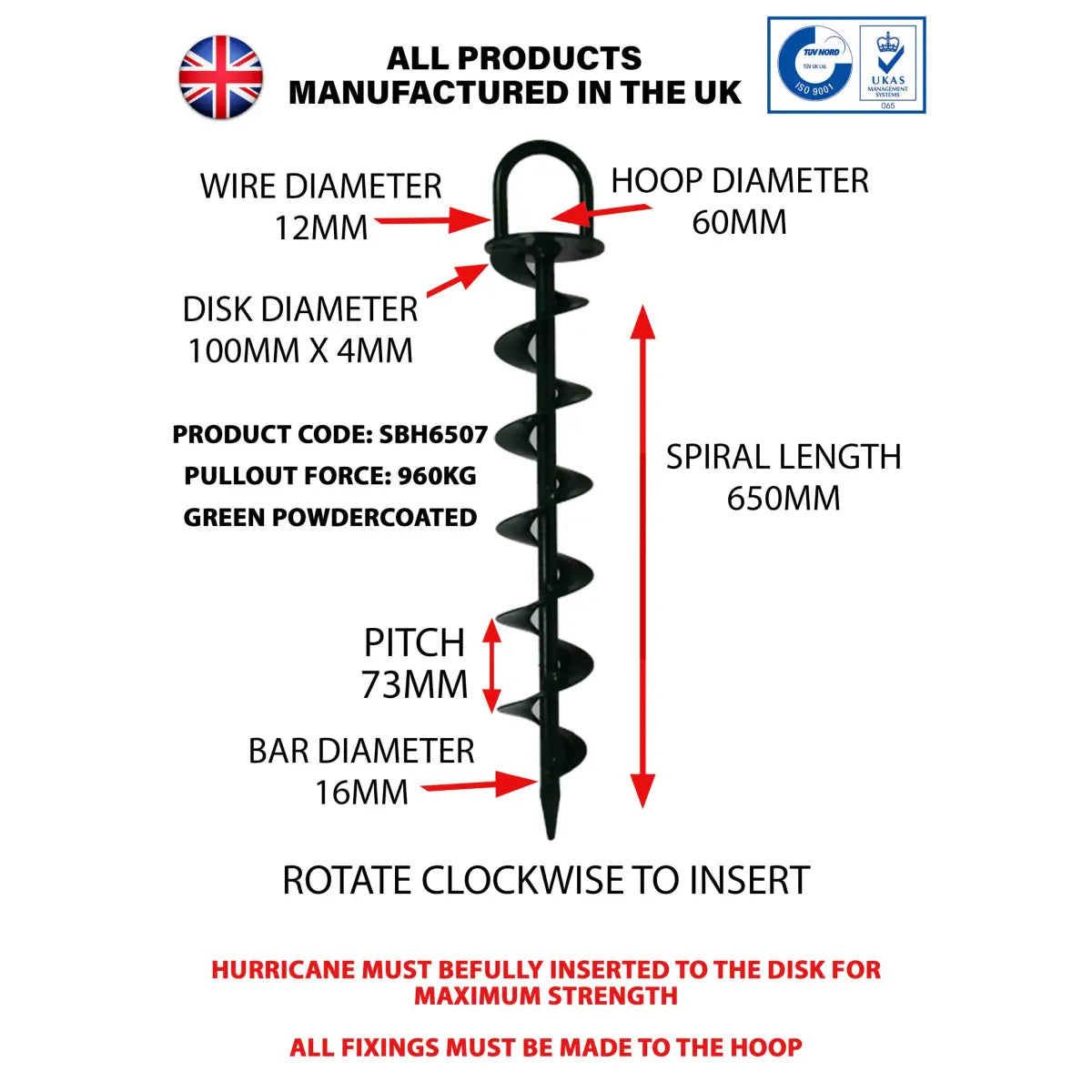 Technical diagram of a green powdercoated spiral anchor with specifications on a white background.