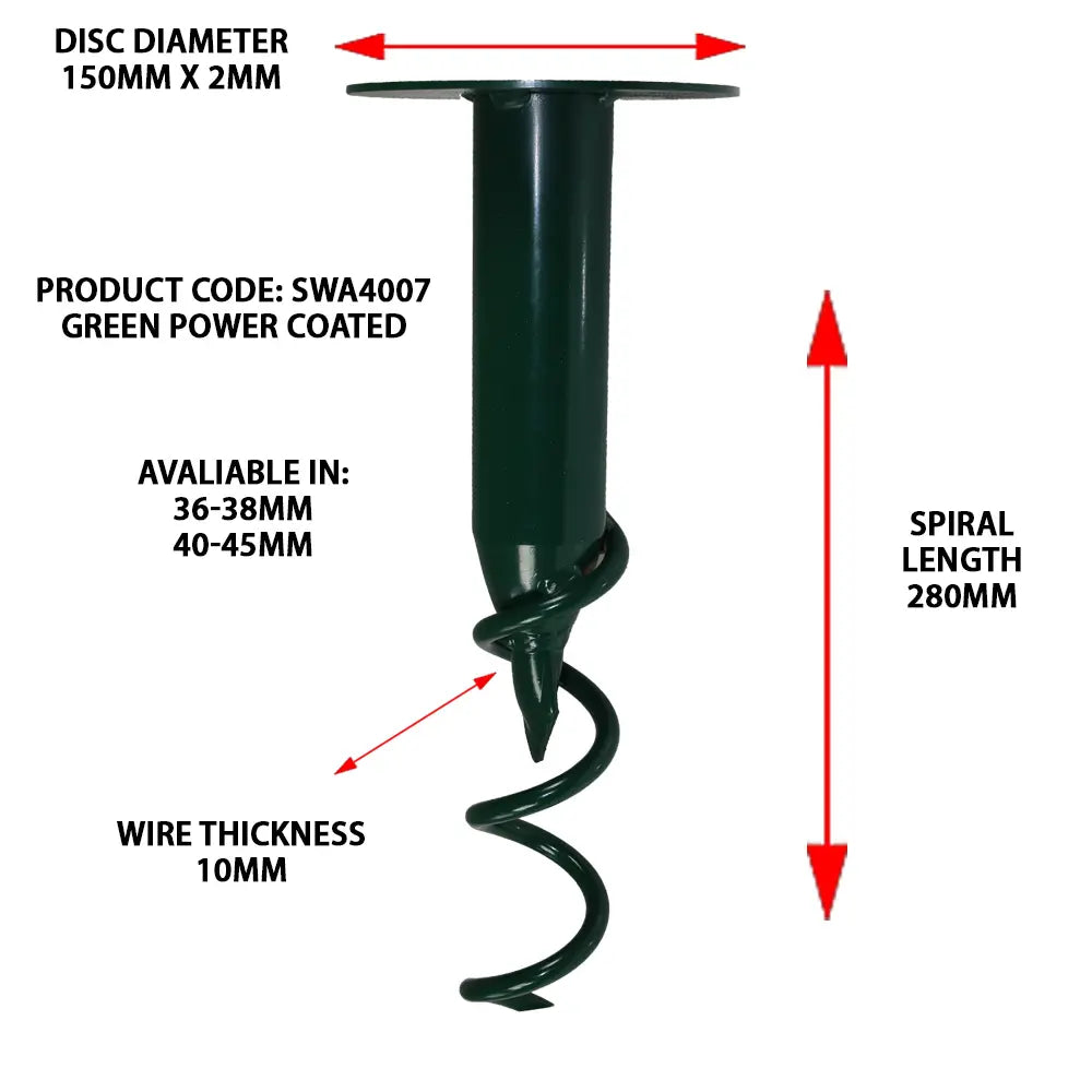 Green power-coated auger with measurements and specifications on a white background