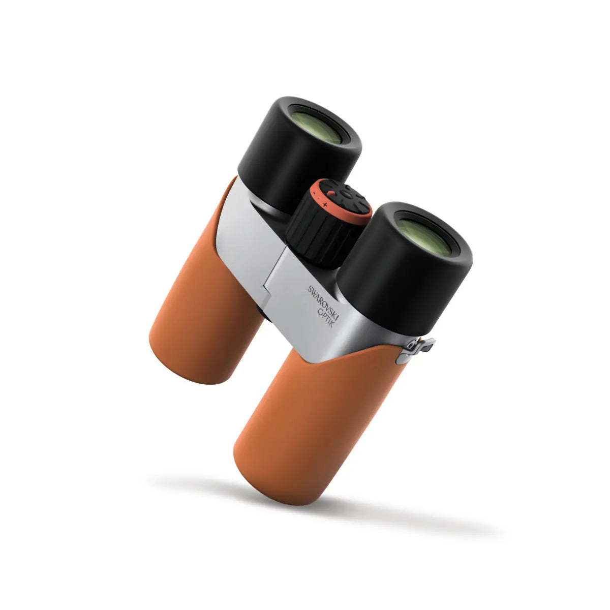 Binoculars with orange and black design on a white background