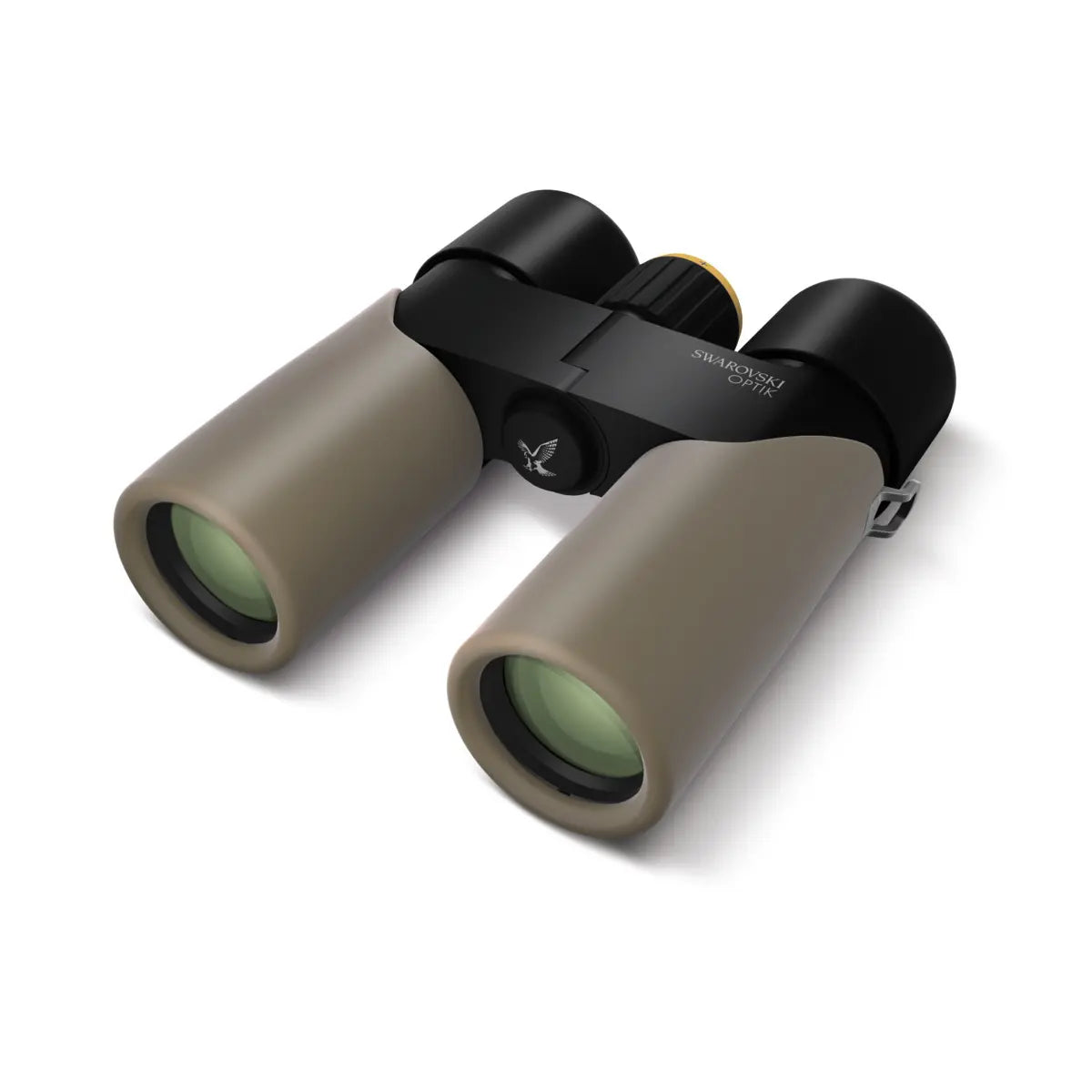 Binoculars with black and beige design on a white background