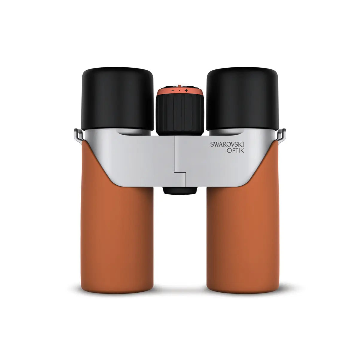 Swarovski binoculars with brown leather casing on a white background