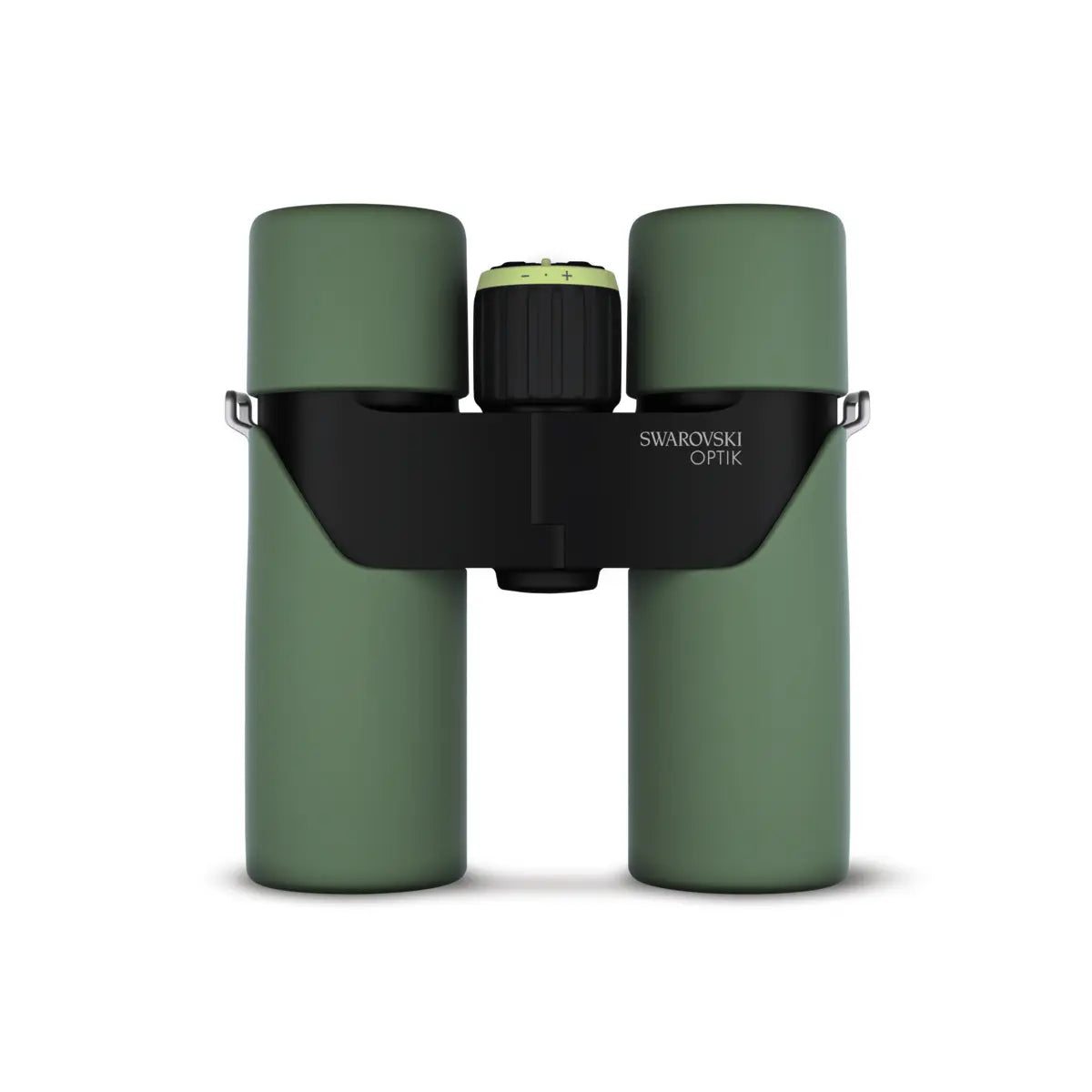 Green binoculars with black strap on a white background, featuring Swarovski Optik branding.