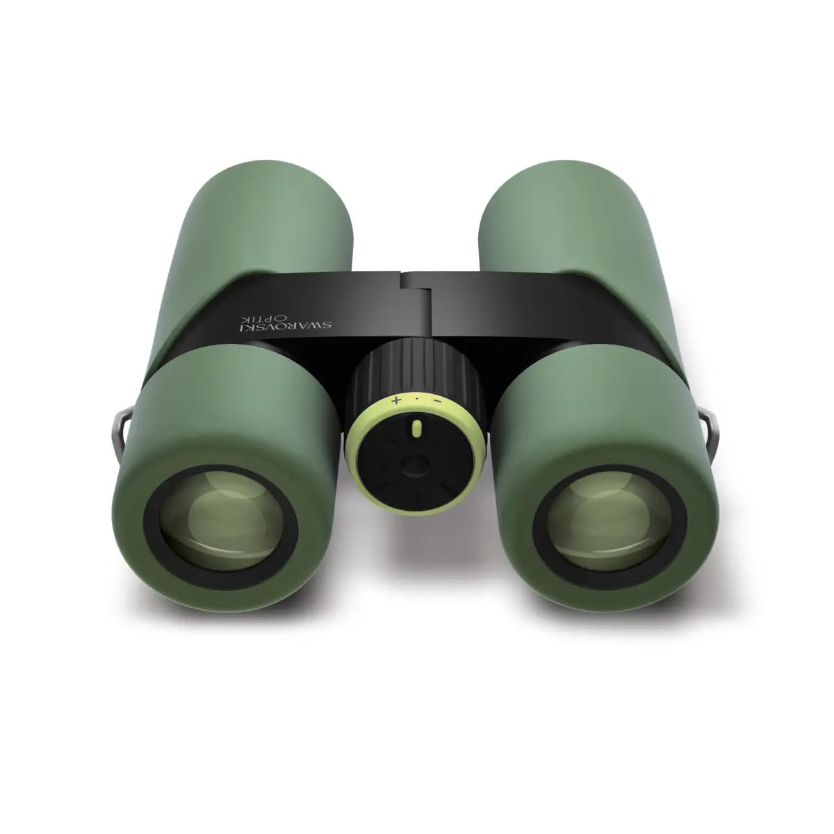 Green binoculars with black band on a white background