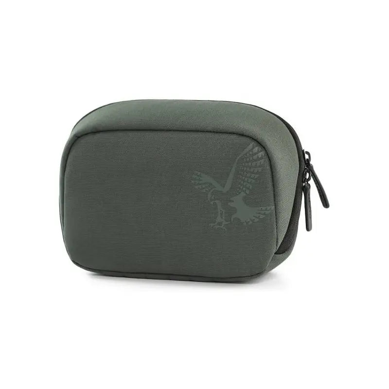 Green travel case with a logo on a white background