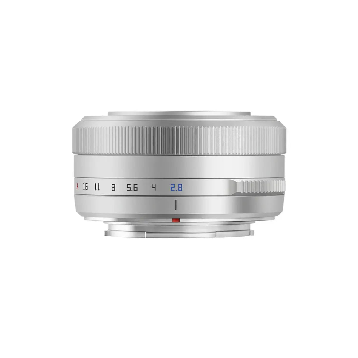 Silver camera lens with focus and aperture controls on a white background