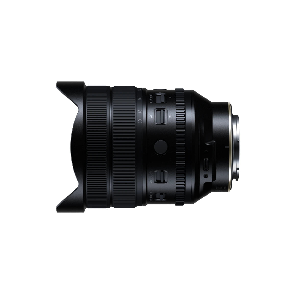 A black Tamron lens with a petal-shaped lens hood, shown from a side profile against a solid white background.