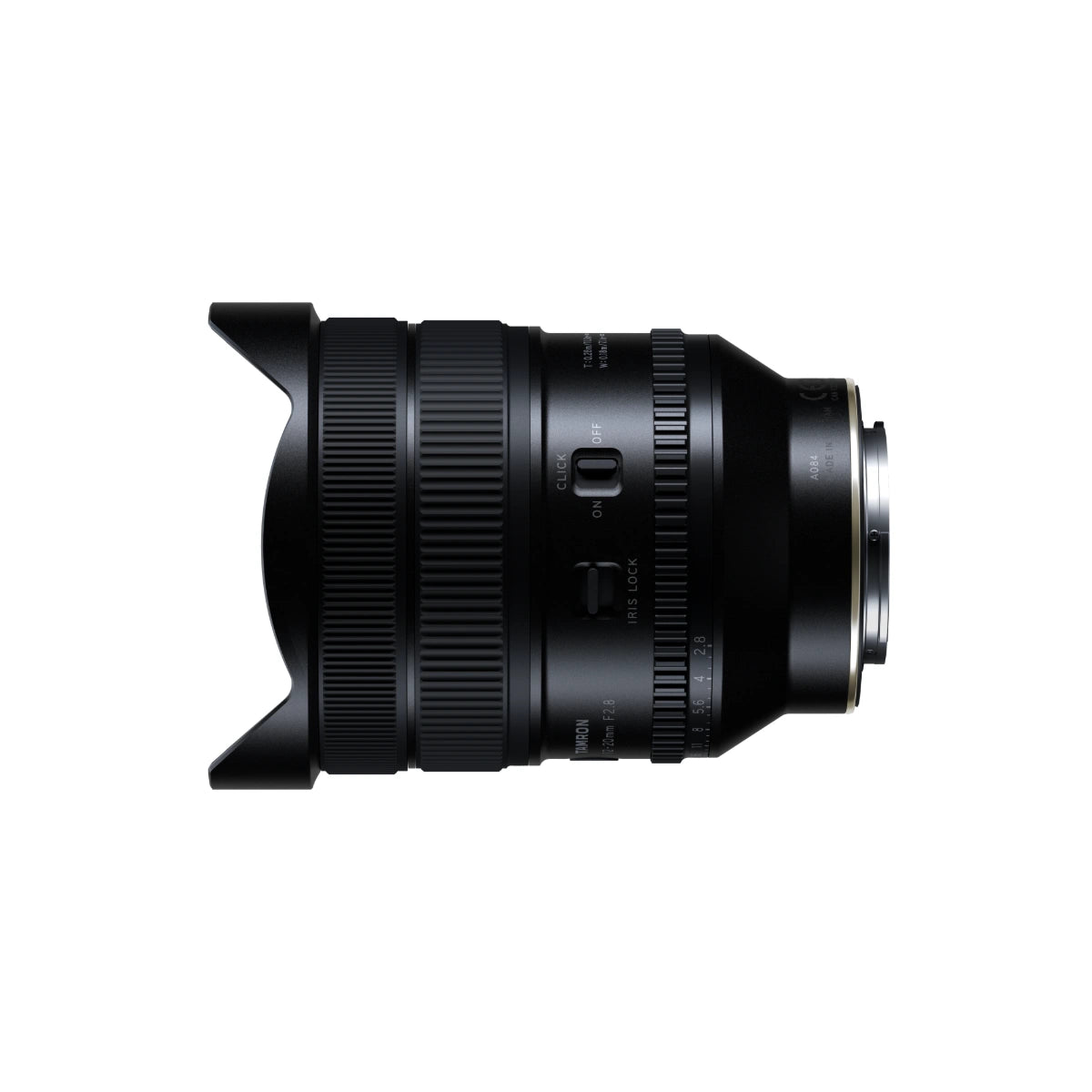 A black Tamron lens with a petal-shaped lens hood and a silver metal mount ring, shown from a side profile on a solid white background.