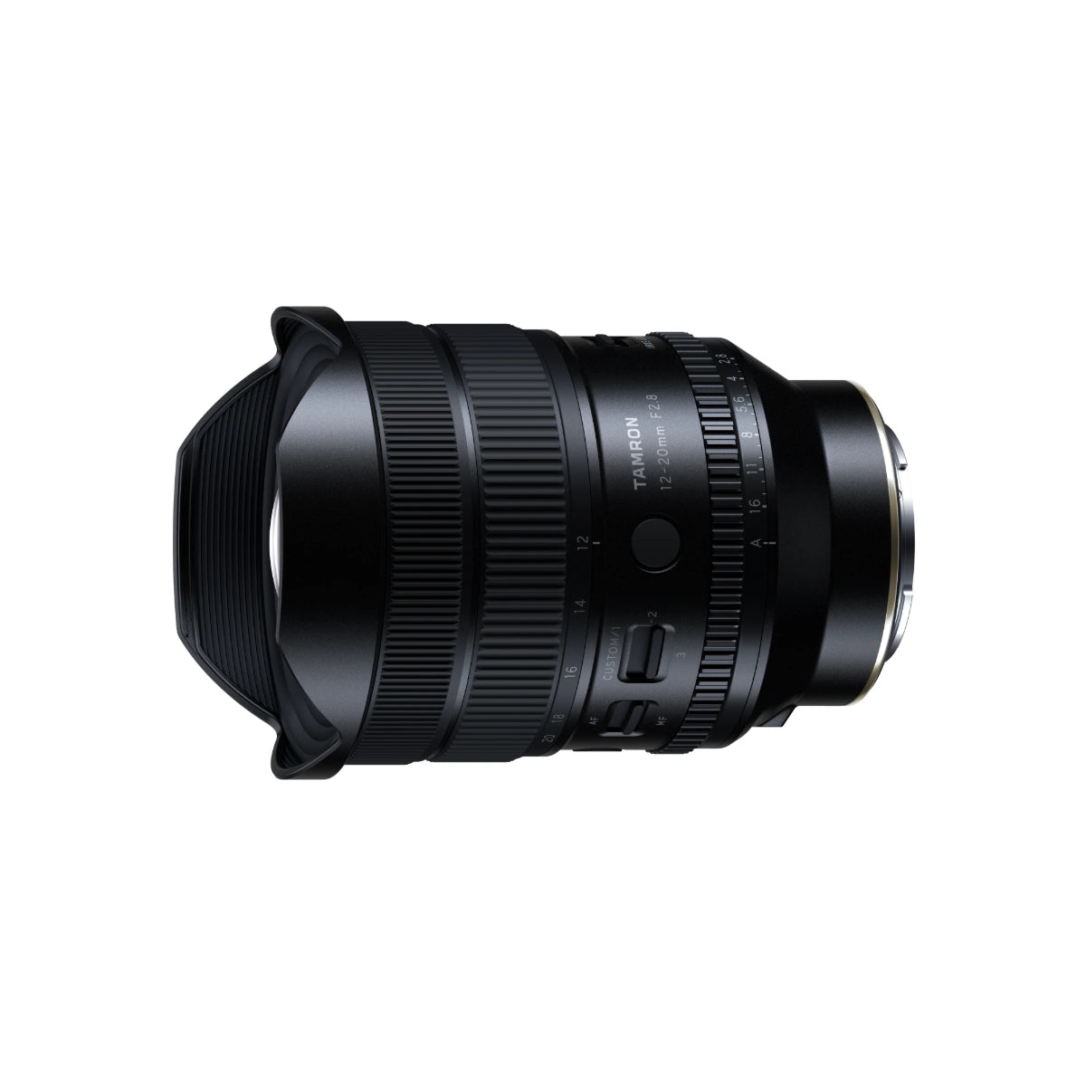 A black Tamron lens with a petal-shaped lens hood, shown from a side profile on a solid white background.