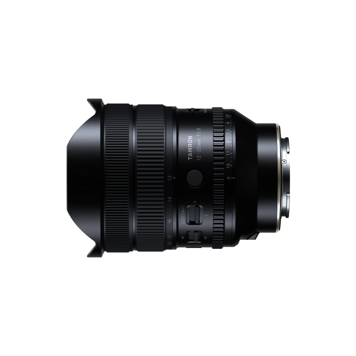 A black Tamron lens with a petal-shaped lens hood, shown from a side profile on a solid white background.