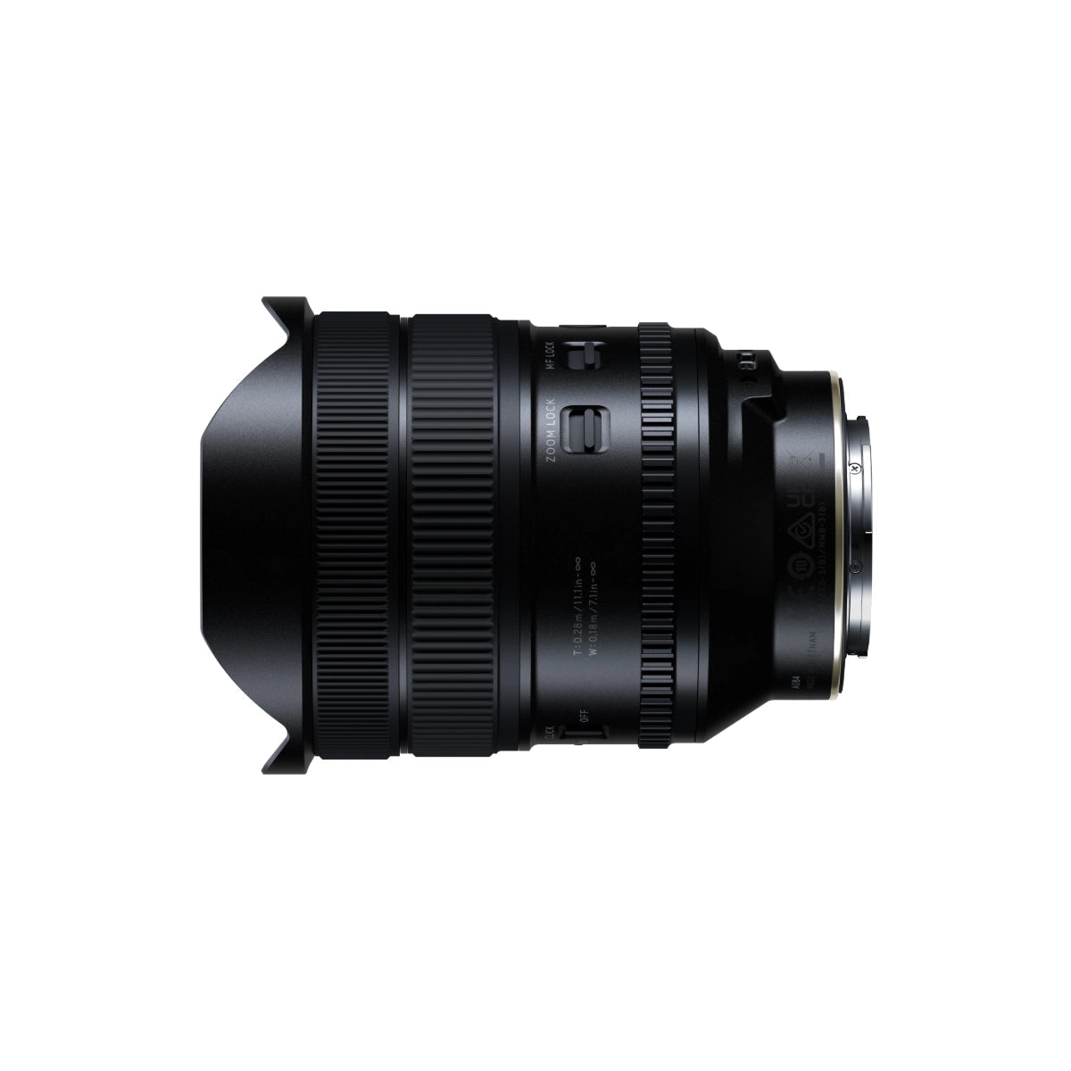 A black Tamron lens with a petal-shaped lens hood, shown from a side profile on a solid white background.