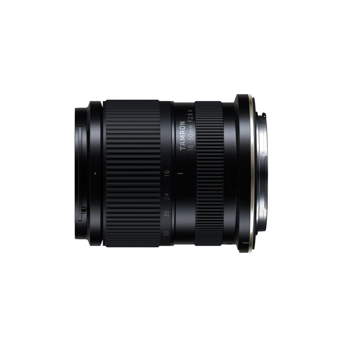 Tamron 16-50mm f/2.8 A lens in black with white text markings, shown from a side profile on a solid white background.