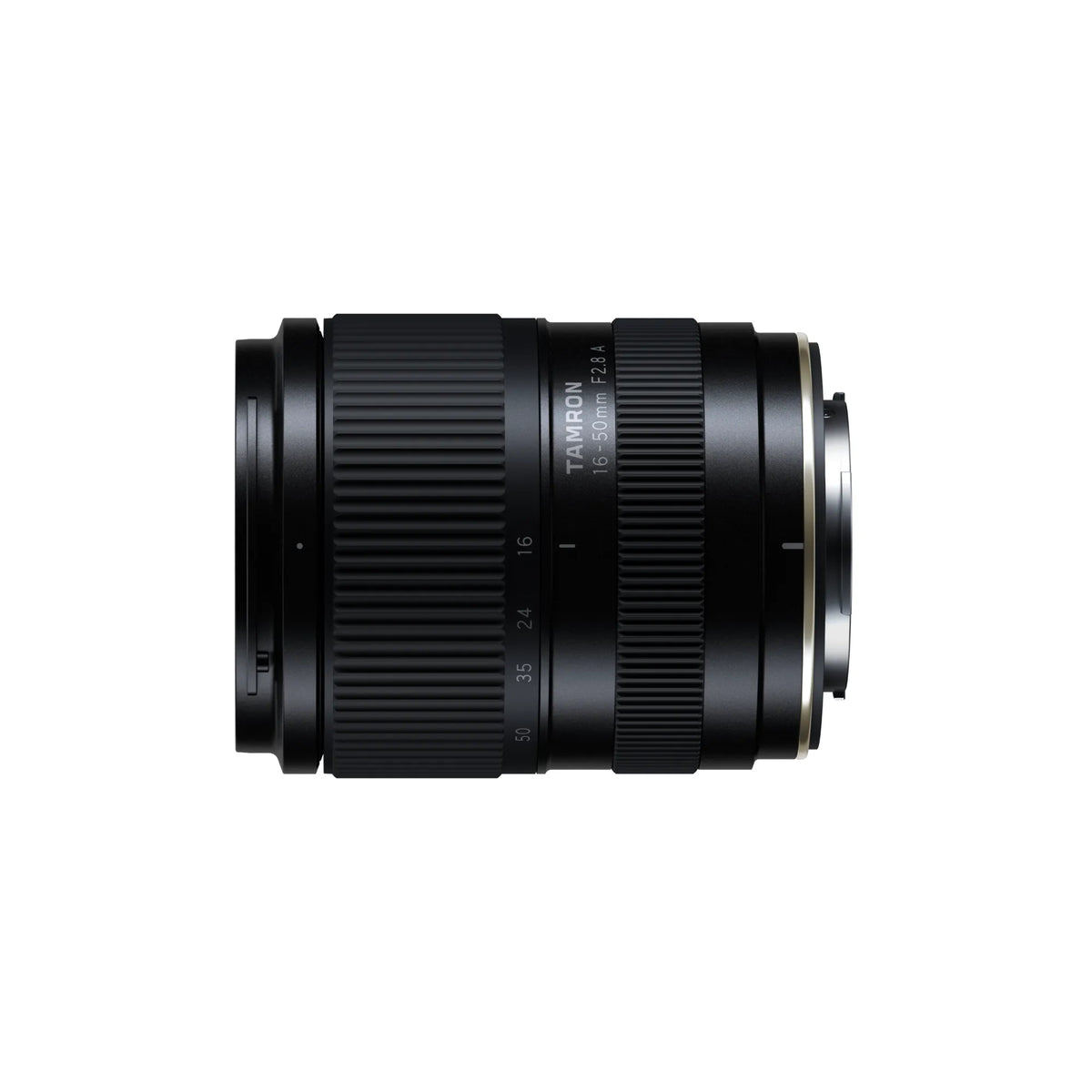 Tamron 16-50mm F2.8 A lens in black with white text markings, shown from a side profile on a solid white background.