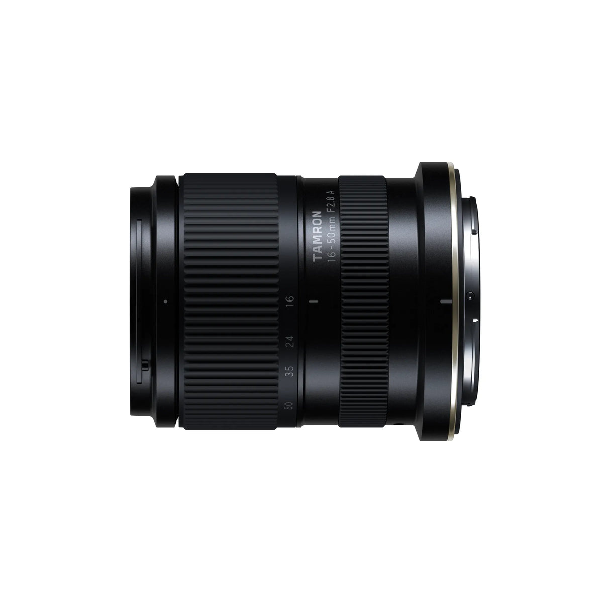 A Tamron 17-50mm f/2.8 A lens in black, shown from a top-down perspective on a solid white background.
